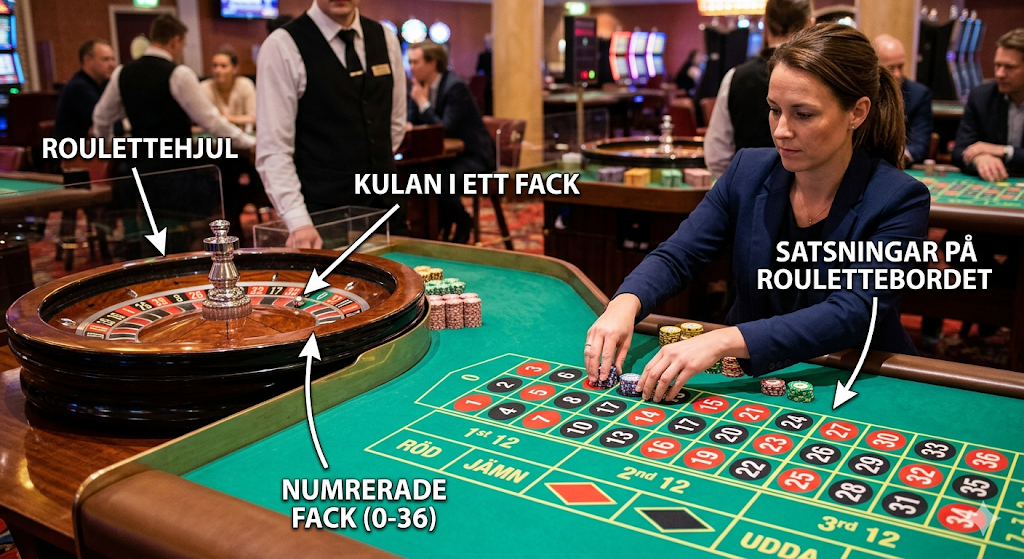 Roulette casino online – spelare satsar marker på roulettebord medan kulan ligger i ett numrerat fack i roulettehjulet