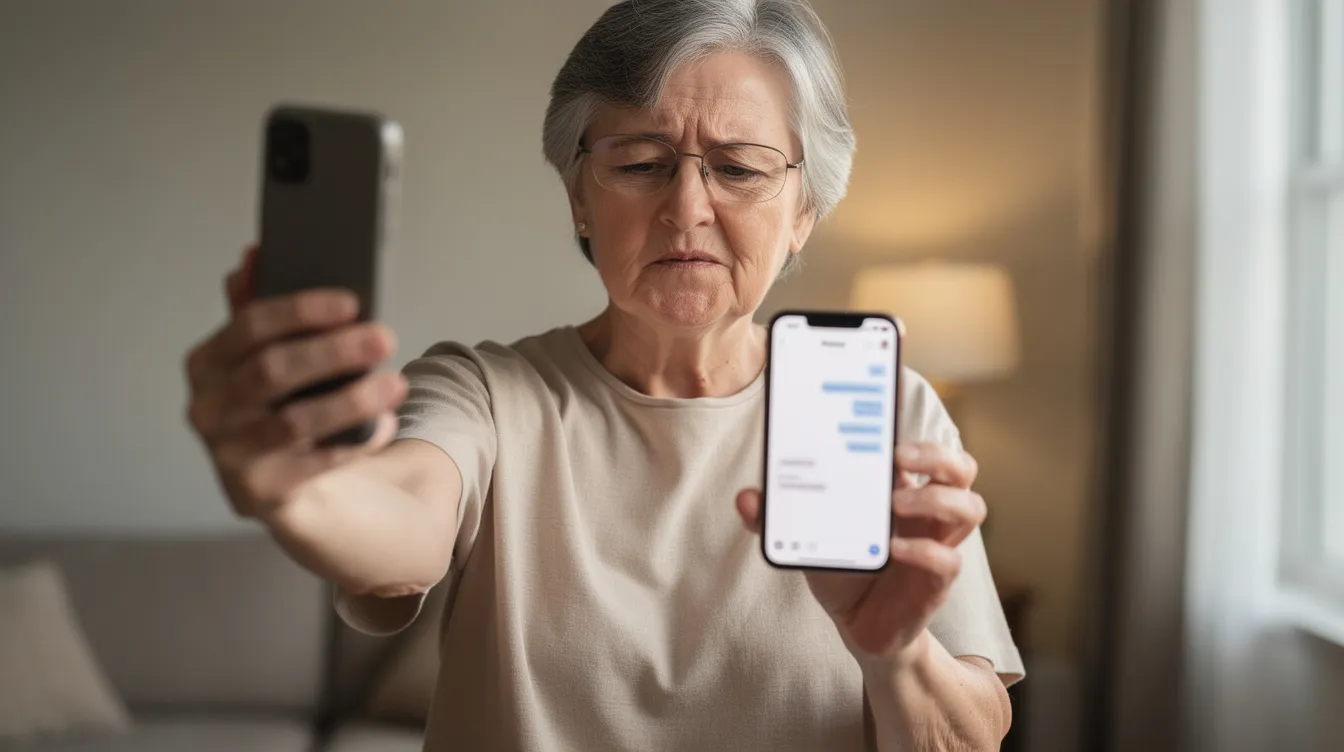 An elderly person is holding a smartphone at arm's length, squinting at the screen with a puzzled expression, highlighting the challenges some may face with digital banking. This image reflects the experience of navigating online banking services, where understanding mobile banking apps and managing finances can be a hurdle for those unfamiliar with technology.