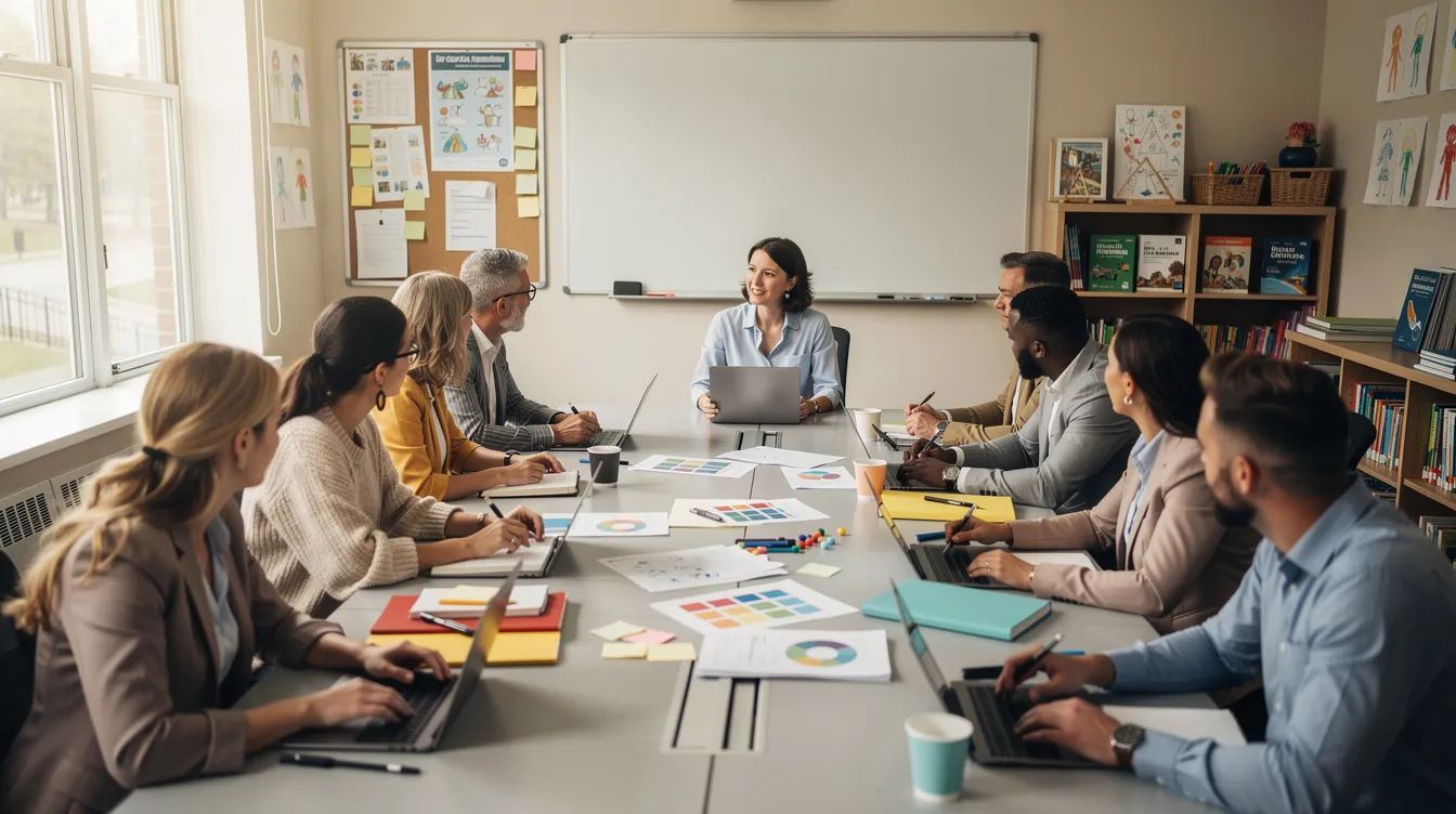 Na obrazie widoczna jest grupa nauczycieli oraz specjalist&oacute;w, kt&oacute;rzy prowadzą wsp&oacute;lne spotkanie w sali konferencyjnej szkoły. Dyskutują o interwencjach kryzysowych oraz strategiach wsparcia uczni&oacute;w, co jest istotnym elementem pracy psychologa szkolnego i dokumentacji w dzienniku psychologa.