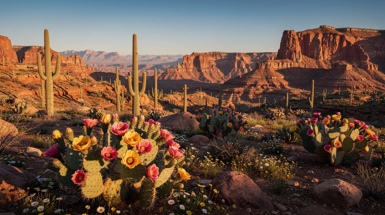 The image depicts a stunning desert landscape featuring blooming cacti and dramatic rock formations, all set against a clear blue sky. This vibrant scene captures the essence of spring, making it an ideal destination for road trippers seeking outdoor adventure and scenic drives.