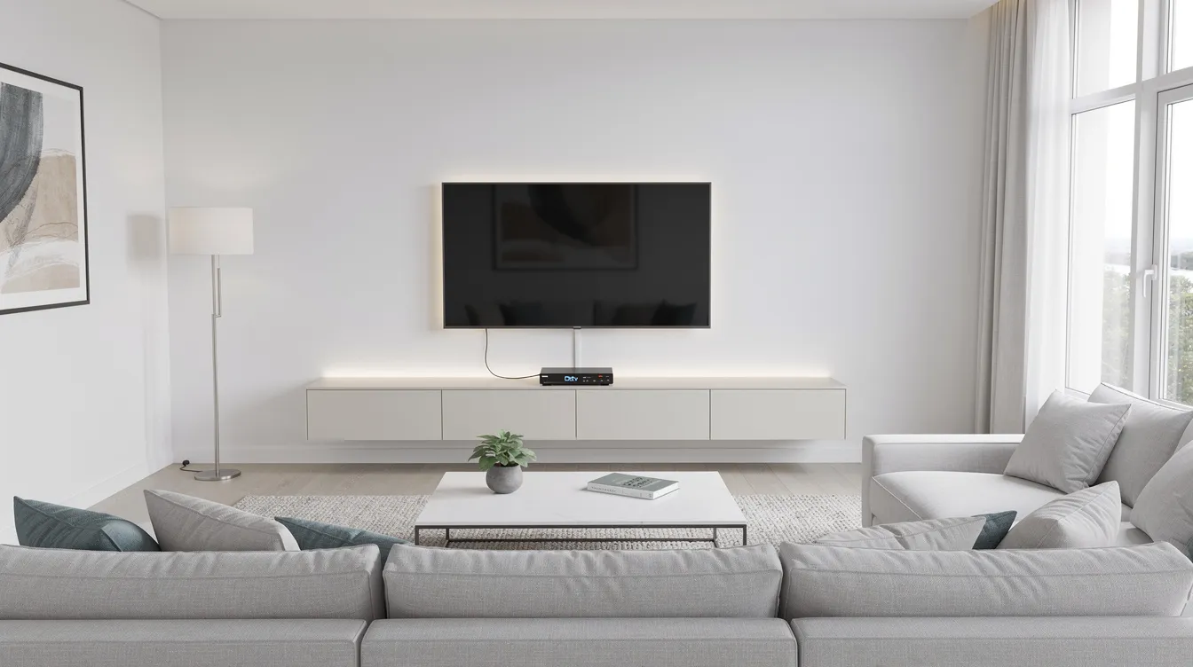The image depicts a modern living room featuring a mounted flat-screen TV and a neatly installed DStv setup, showcasing professional installation with a satellite dish and an HD decoder. This inviting space highlights the importance of proper alignment for optimal signal strength and the benefits of affordable DStv installation services.