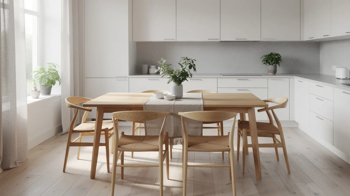 Ett ljust skandinaviskt kök med ett stort matbord i trä av ek, omgiven av fyra stiliga stolar. Det naturliga ljuset skapar en inbjudande atmosfär och framhäver den varma och unika karaktären hos träet.