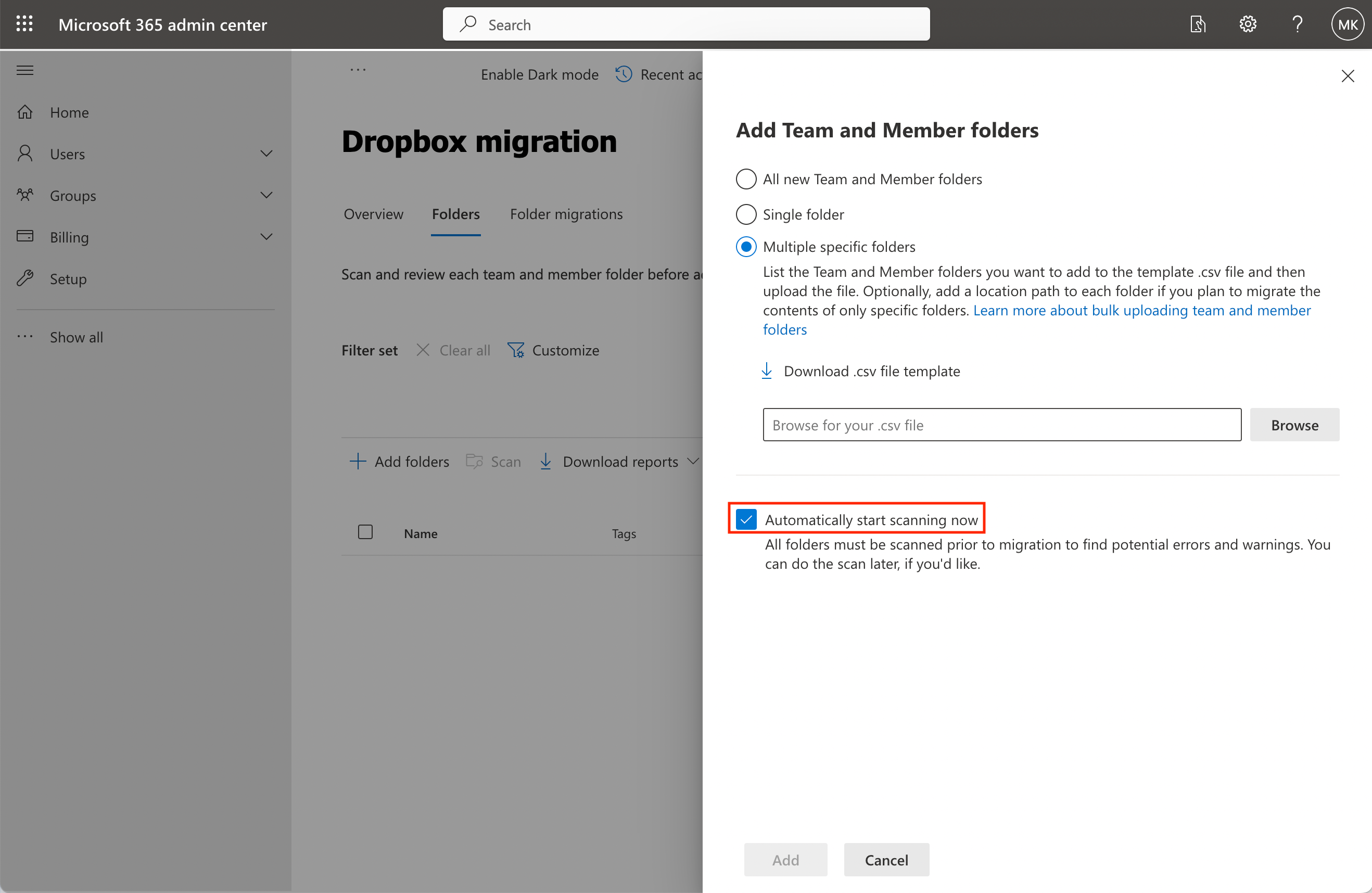 Select Dropbox folders for migration