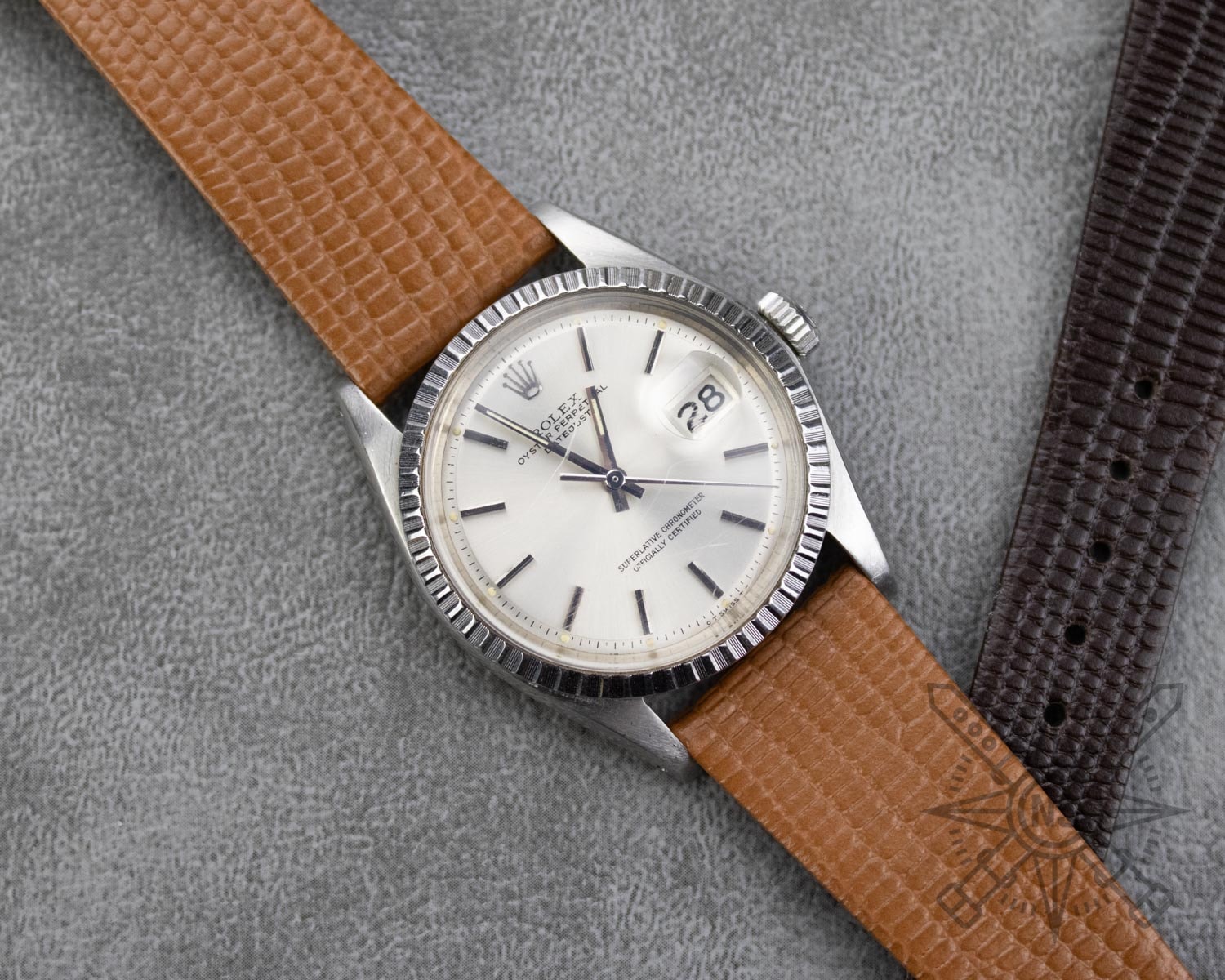 A close-up view of a premium lizard leather watch band showcasing its elegance and texture.