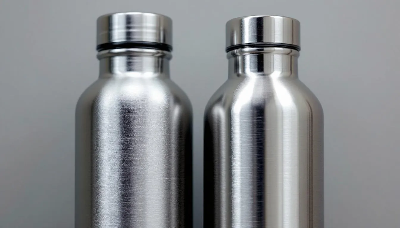 The image presents a close-up comparison of a titanium water bottle and a stainless steel water bottle, showcasing their unique finishes; the titanium bottle features a sleek, matte surface, while the stainless steel bottle has a shiny, polished appearance. This detailed view highlights the beauty and durability of both materials, making them ideal choices for outdoor activities and everyday use.