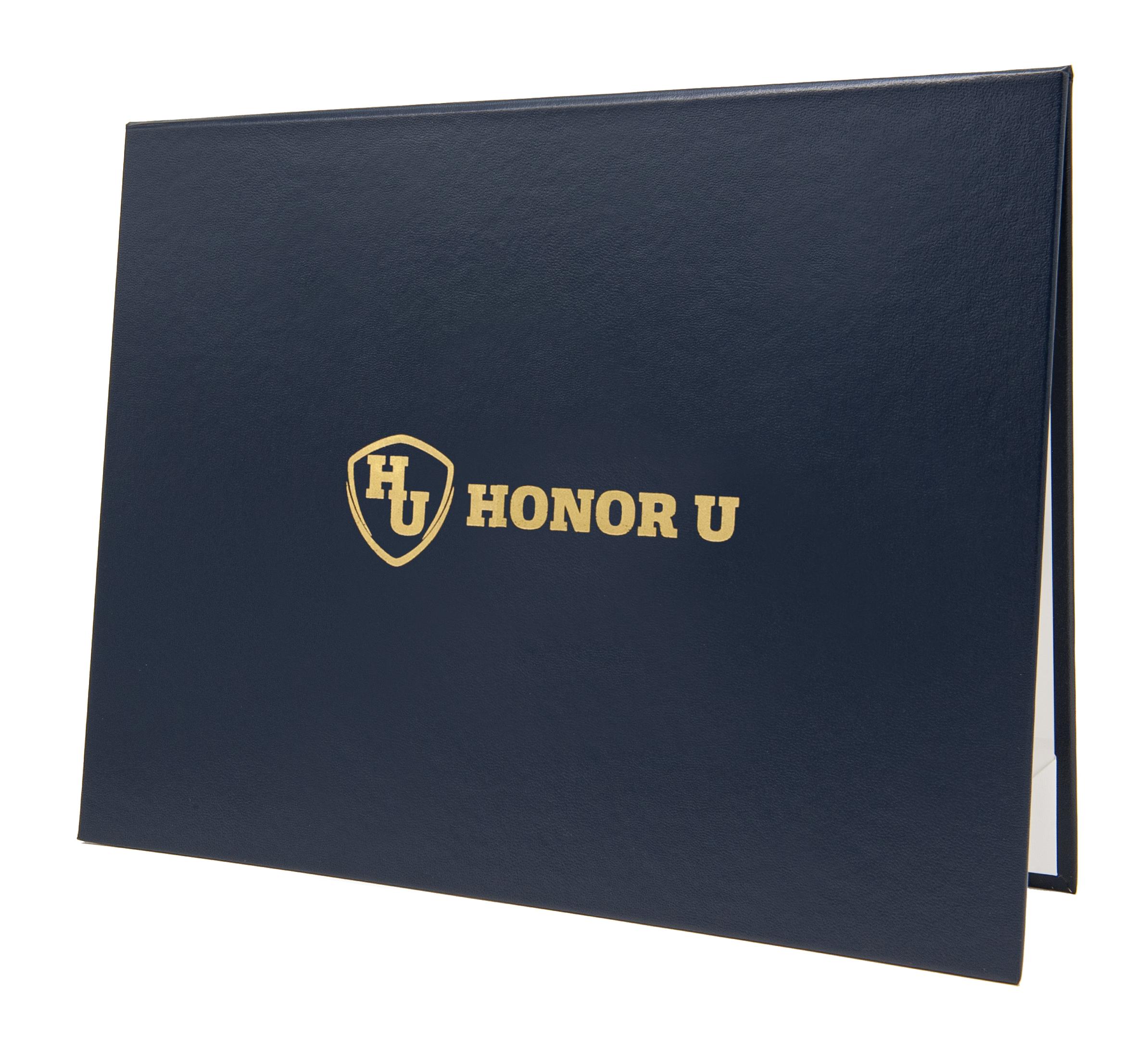 Custom navy blue document cover with metallic gold foil logo