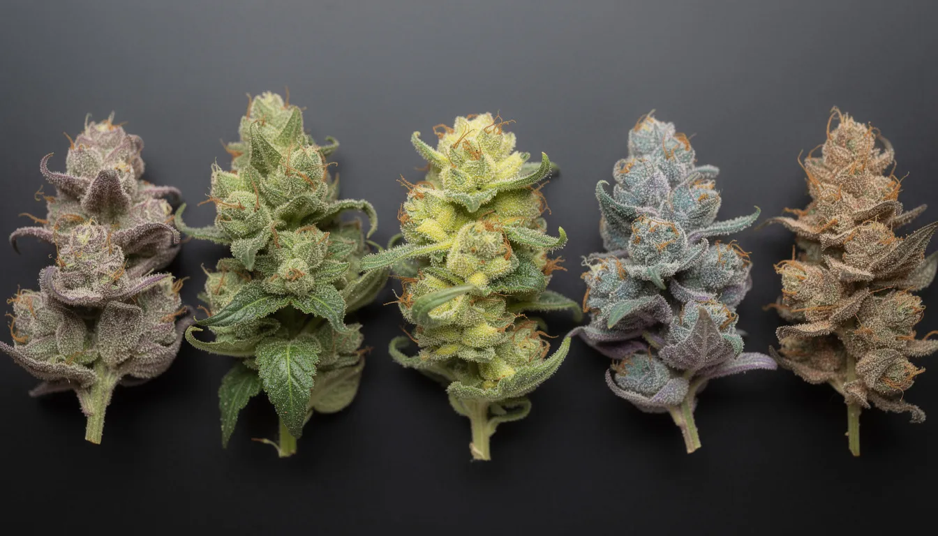 Das Bild zeigt eine Auswahl verschiedener Cannabissorten, die sich durch unterschiedliche Farben und Strukturen auszeichnen. Jede Sorte hat ein einzigartiges Cannabinoidprofil, was zu unterschiedlichen Wirkungen und Effekten führt.