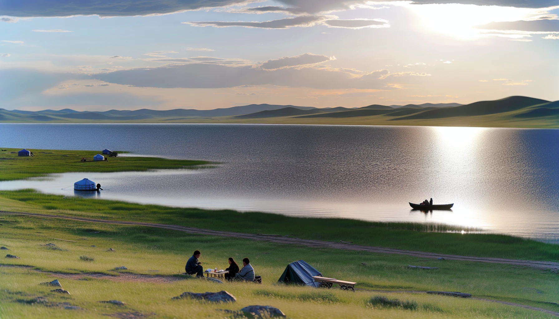 A serene view of Ugii Lake with fishermen in the distance