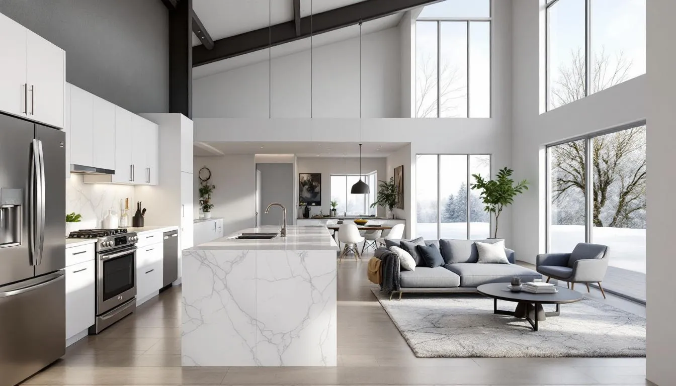 The image features a spacious open-concept kitchen and living area with high ceilings, showcasing a modern design ideal for a dream home in the Belle Meade community of Fort Myers. This inviting space emphasizes a seamless flow between cooking and living areas, perfect for entertaining or family gatherings.