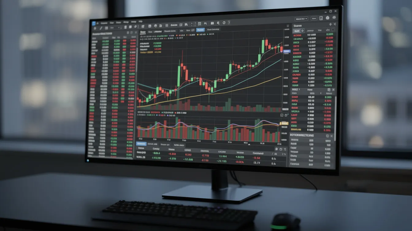 The image displays financial charts and stock market data on a computer screen, illustrating various metrics related to company stock and equity compensation. Key elements include graphs showing stock price trends and data on restricted stock units (RSUs), which are important for understanding tax implications such as ordinary income tax and capital gains tax.
