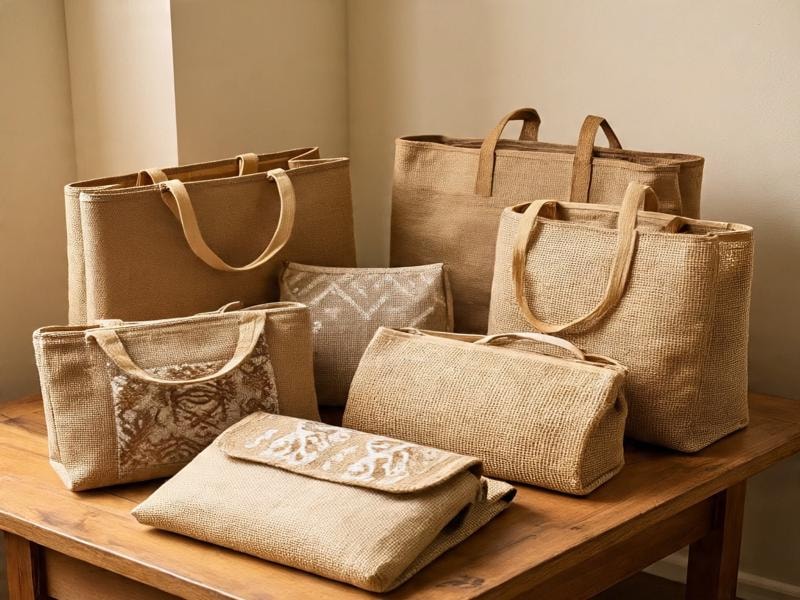 A picture showing several brown jute bags of different sizes and shapes, some with simple white patterns, placed on a wooden table near a wall.