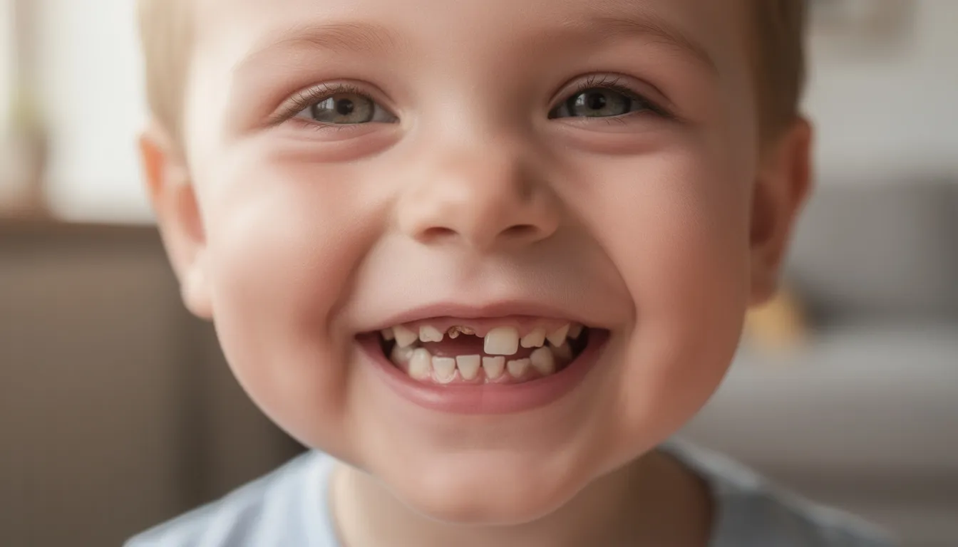 A young child is smiling brightly, showcasing a mix of baby teeth and newly erupted adult teeth, highlighting their ongoing dental development. This image emphasizes the importance of early orthodontic evaluation to ensure proper alignment and maintain good oral health for a healthier smile.