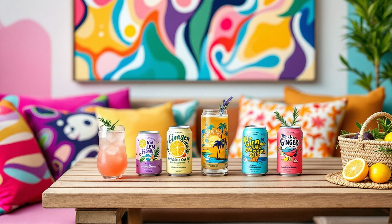 Canned non-alcoholic cocktails arranged on a picnic table.