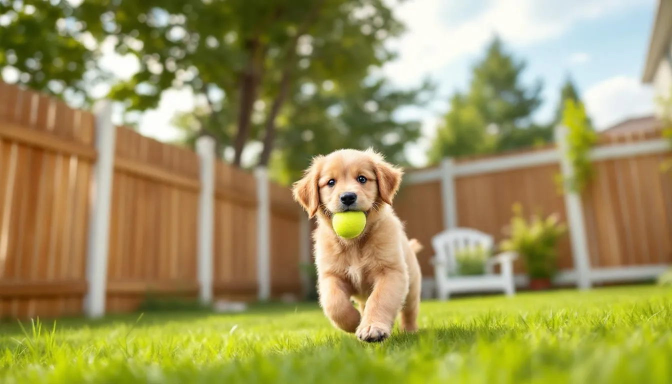 A playful mini goldendoodle puppy is happily running around in a fenced backyard, showcasing its energetic and affectionate nature. The dog