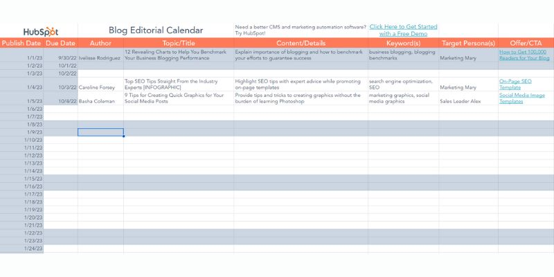 HubSpot's editorial calendar template