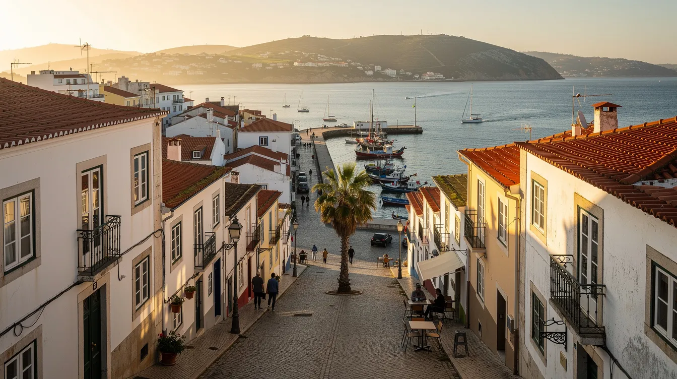 A imagem retrata a cidade de Setúbal, em Portugal, com a Serra da Arrábida ao fundo e o Rio Sado cortando a paisagem. É possível ver as praias da região e a arquitetura típica da cidade, que se destaca pela beleza natural e cultural.