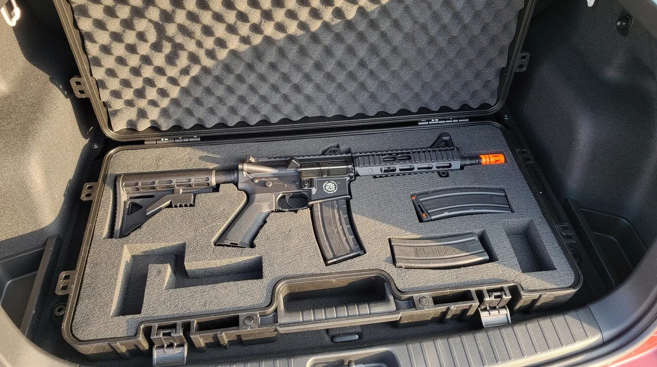 An airsoft rifle is securely placed inside a padded hard case with foam inserts, resting in the back of a car boot. This setup emphasizes the importance of gun safety and responsible handling of airsoft guns, ensuring the equipment is protected and ready for an enjoyable airsoft experience.
