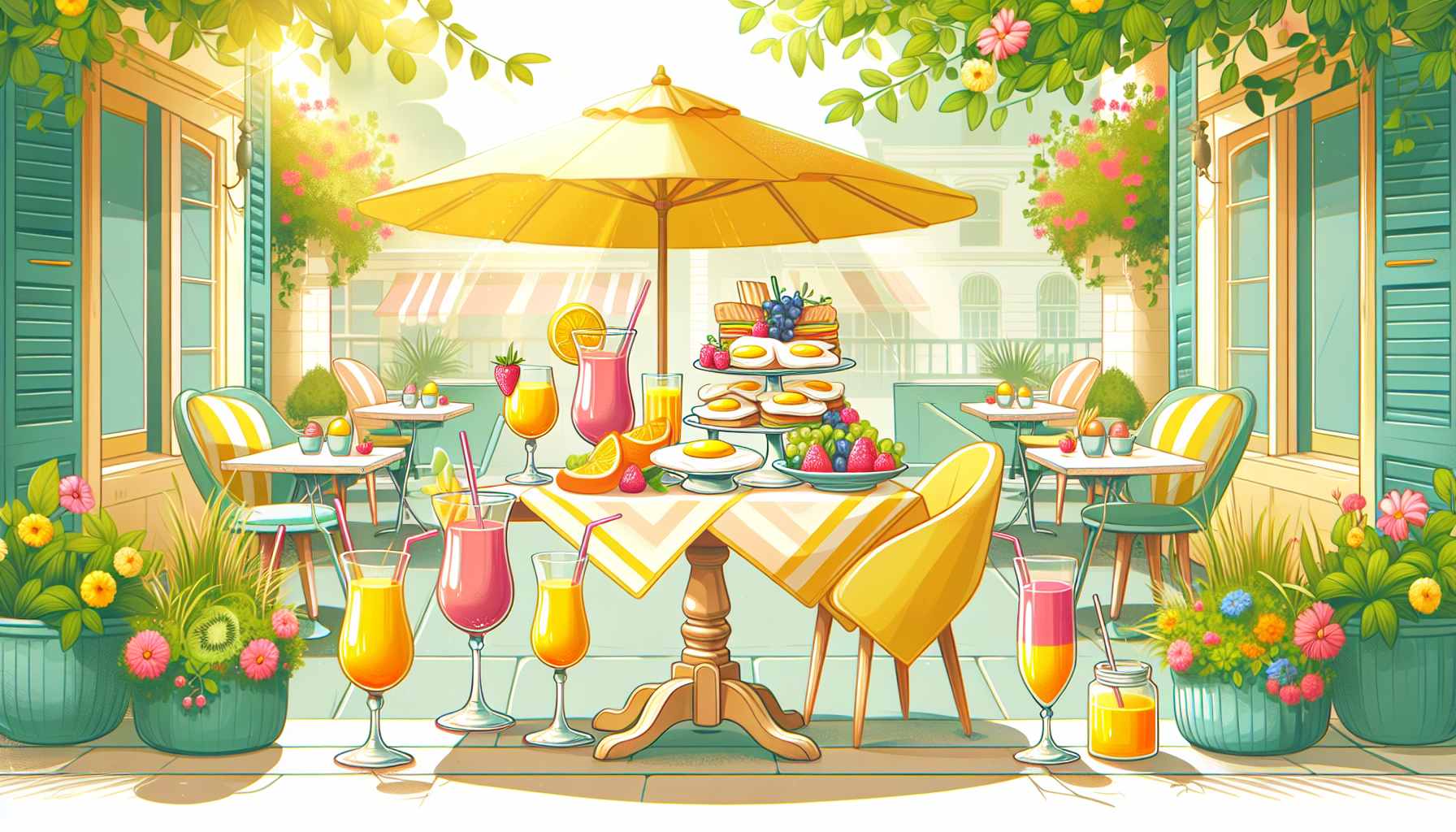 An inviting illustration of a breakfast spread with scrambled eggs, sandwiches, and fresh fruit juices, perfect for a morning meal in Playa del Carmen.