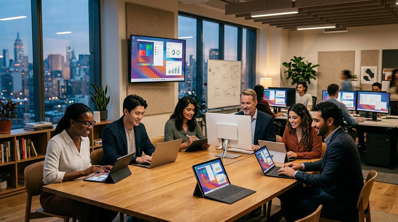Realistic corporate and educational scene with diverse users collaborating through cloud-hosted virtual desktops accessible from any device, alongside enterprise teams using migrated cloud environments.