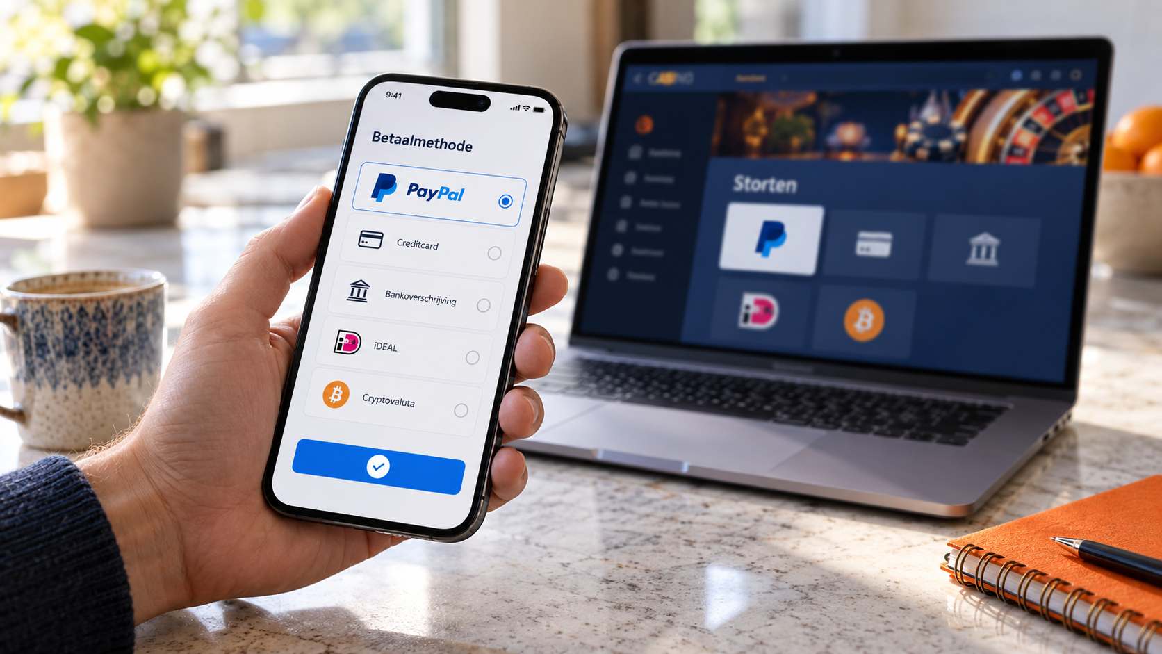 Telefoon met PayPal als geselecteerde betaalmethode, met een laptop op de achtergrond.