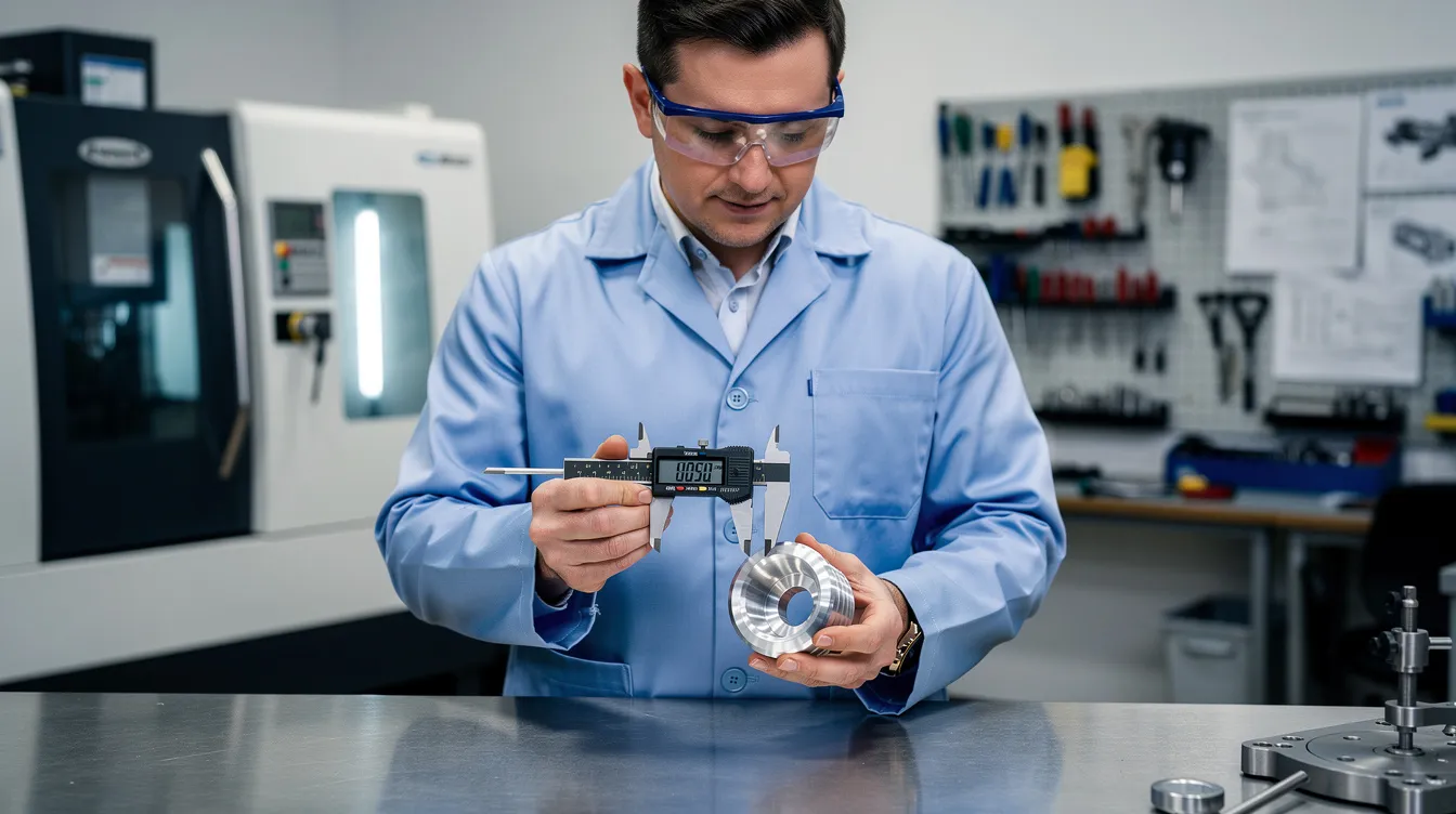 An engineer wearing safety glasses is closely inspecting a polished metal prototype part using digital calipers, highlighting the precision and attention to detail required in the rapid prototyping process. This scene showcases the importance of high-quality prototypes in the manufacturing process, emphasizing the integration of advanced technologies like additive manufacturing and CNC machining.