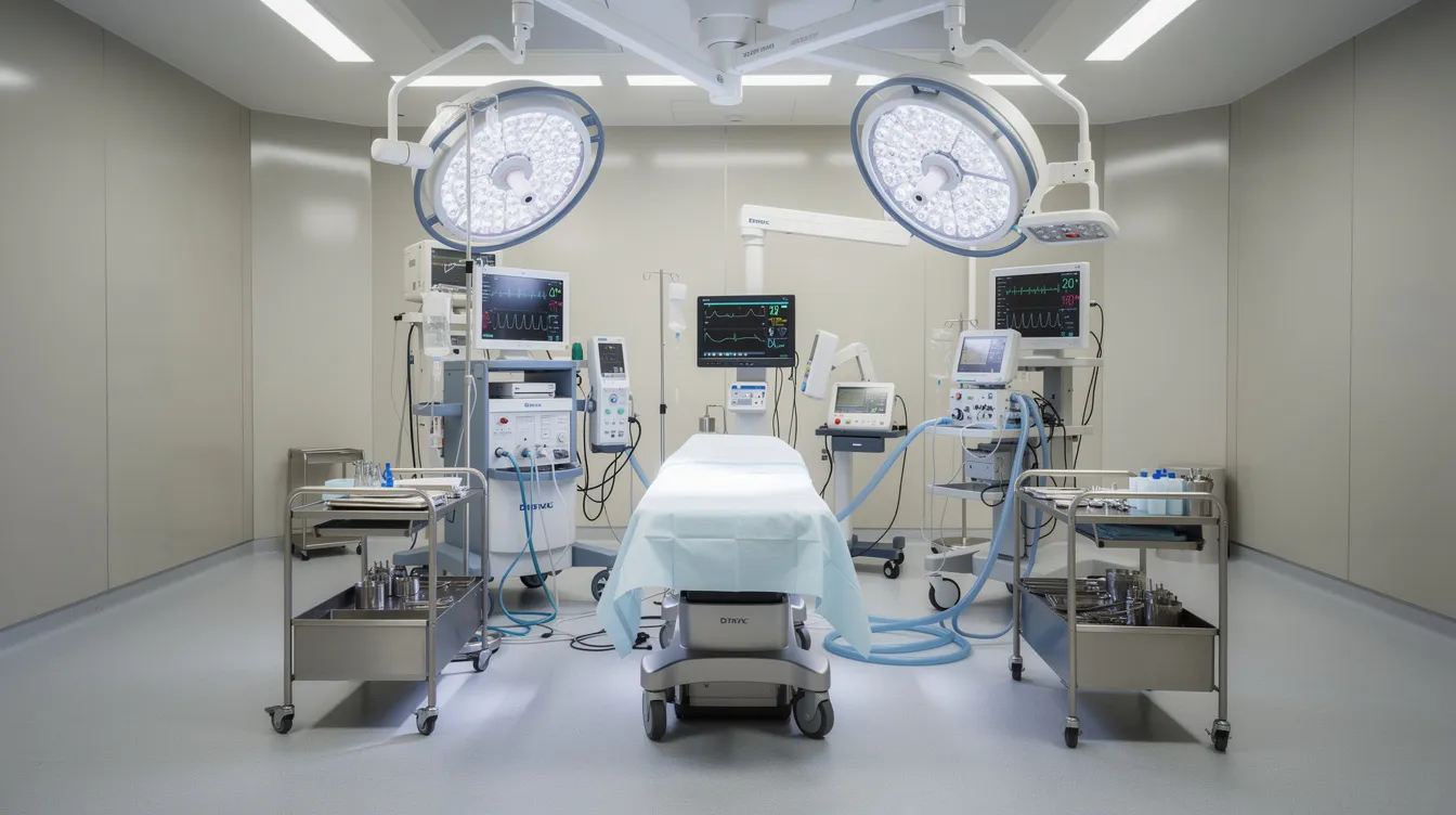 Imagen de un quirófano moderno y limpio, equipado con tecnología médica avanzada y una iluminación quirúrgica brillante, ideal para procedimientos como la cirugía de ginecomastia, donde se trata el exceso de tejido mamario en hombres. El entorno refleja un alto estándar de higiene y preparación para la intervención quirúrgica.