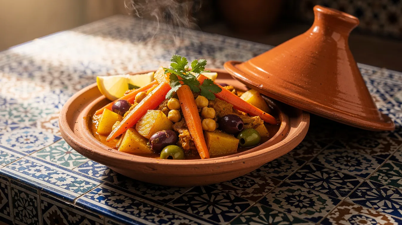 A vibrant Moroccan vegetable tagine, featuring a colorful mix of carrots, potatoes, olives, and chickpeas, is beautifully presented in a traditional clay pot atop a tiled table. This dish exemplifies Moroccan cuisine and offers delicious vegetarian options for those exploring the rich flavors of traditional Moroccan dishes.
