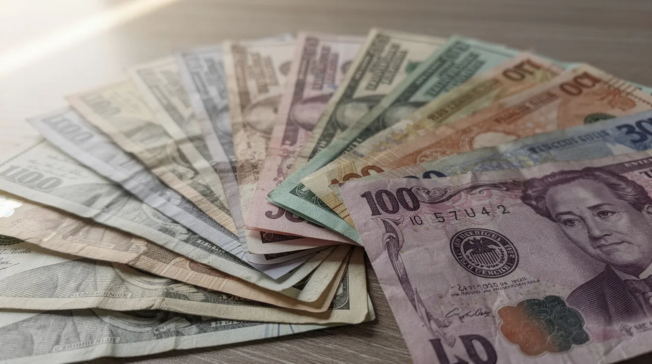The image features a variety of world currency notes fanned out on a table, showcasing different denominations and designs. This visual representation highlights the diversity of money used for online payments and money transfers, emphasizing the importance of currencies in digital wallets like Skrill and Neteller.