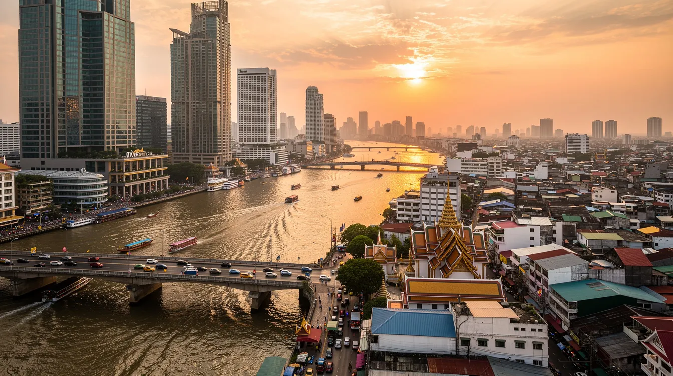 Imagem de Bangkok, a vibrante capital da Tailândia, com seus icônicos templos budistas como o Wat Phra Kaew e o Grand Palace ao fundo. A cena captura a agitação das ruas, onde pessoas se movem entre mercados, e a famosa comida de rua, como o pad thai, é servida em barracas.