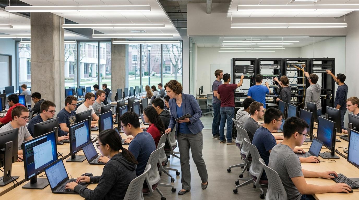 Instructor monitoring students using cloud-hosted virtual desktops while another group performs hands-on IT infrastructure exercises in a digital lab.