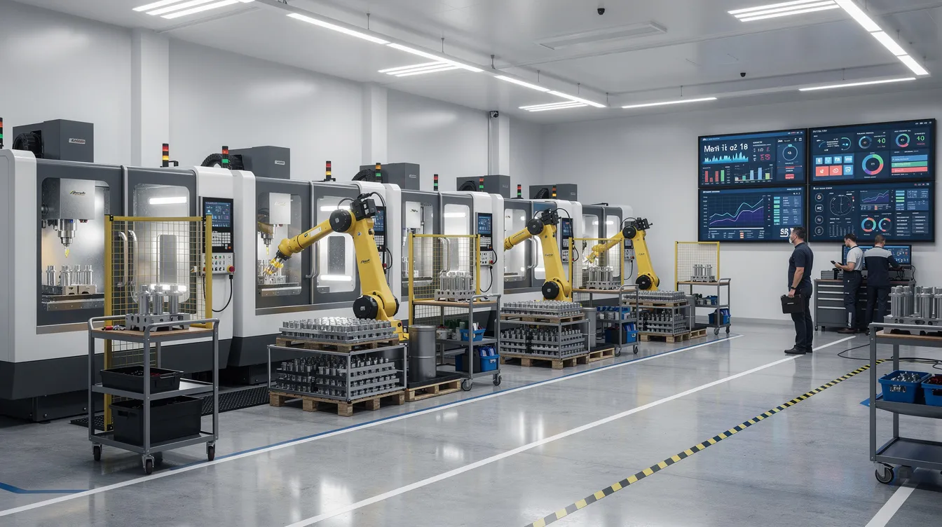 The image depicts a modern CNC manufacturing facility featuring multiple 5-axis machines and robotic part loading systems, complemented by digital monitoring screens displaying live production data. This high-tech environment showcases advanced CNC machining processes used in the aerospace industry to produce complex geometries and precision aerospace components.