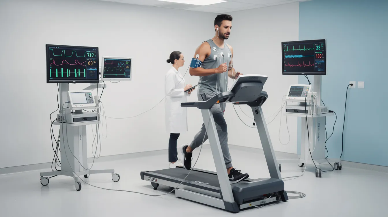 A person is exercising on a treadmill in a medical facility equipped with monitoring equipment, focusing on their cardiovascular health and cellular function. This setting highlights the importance of exercise in supporting healthy aging and may be linked to advancements in regenerative medicine and anti-aging therapies.