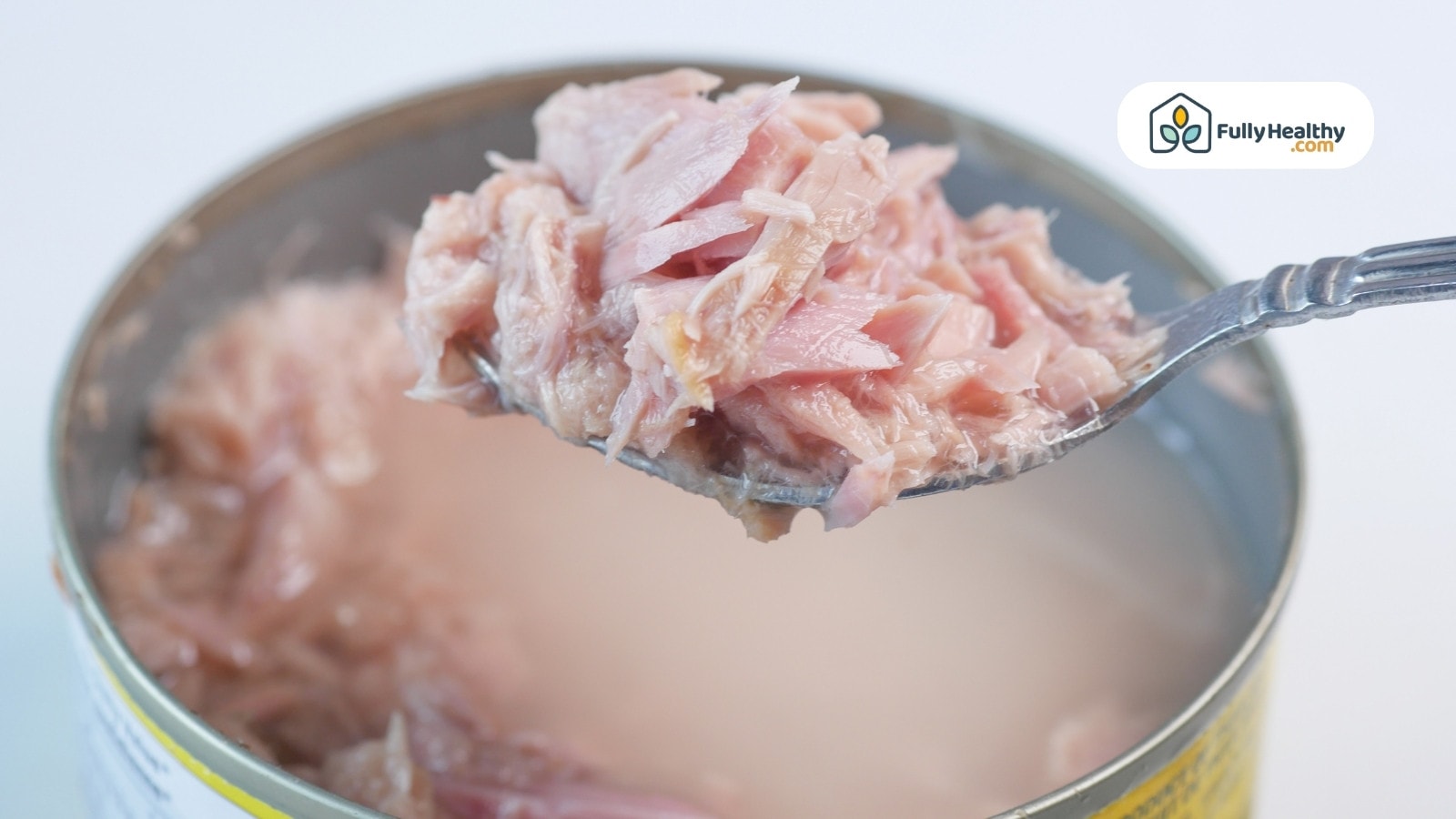 Spoon lifting tuna from can showing tender pink fish pieces