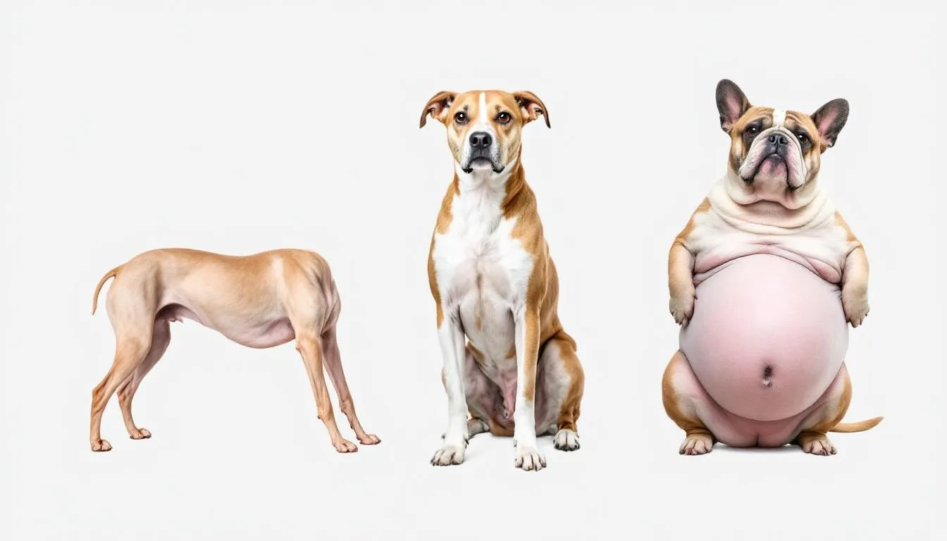 In the image, a side-by-side comparison illustrates dogs at various body condition scores, ranging from underweight to overweight, helping pet owners understand how much food to feed their dog for a healthy weight. This visual guide highlights the importance of monitoring a dog