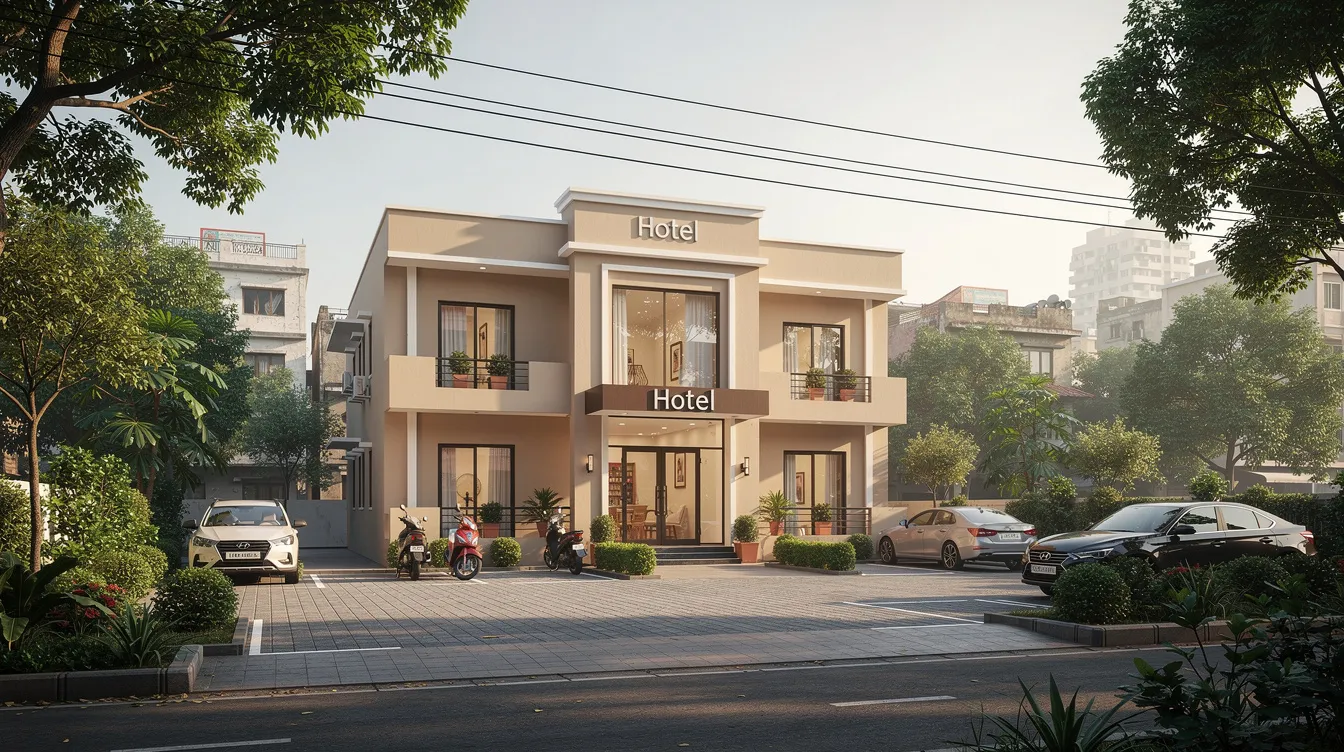 The image depicts a small boutique hotel with a clean facade, nestled in a mid-sized Indian city, surrounded by lush greenery and featuring a parking area. This proposed hotel project reflects the growing hospitality sector in India, emphasizing the importance of overall project costs and careful project management to ensure guest satisfaction.