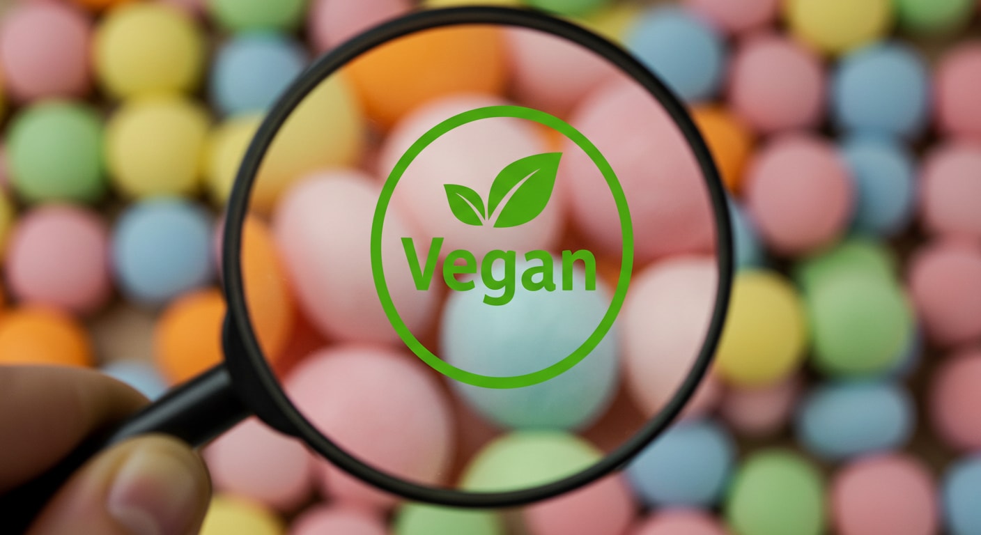 A magnifying glass held up to Swedish gummies, showing a vegan symbol