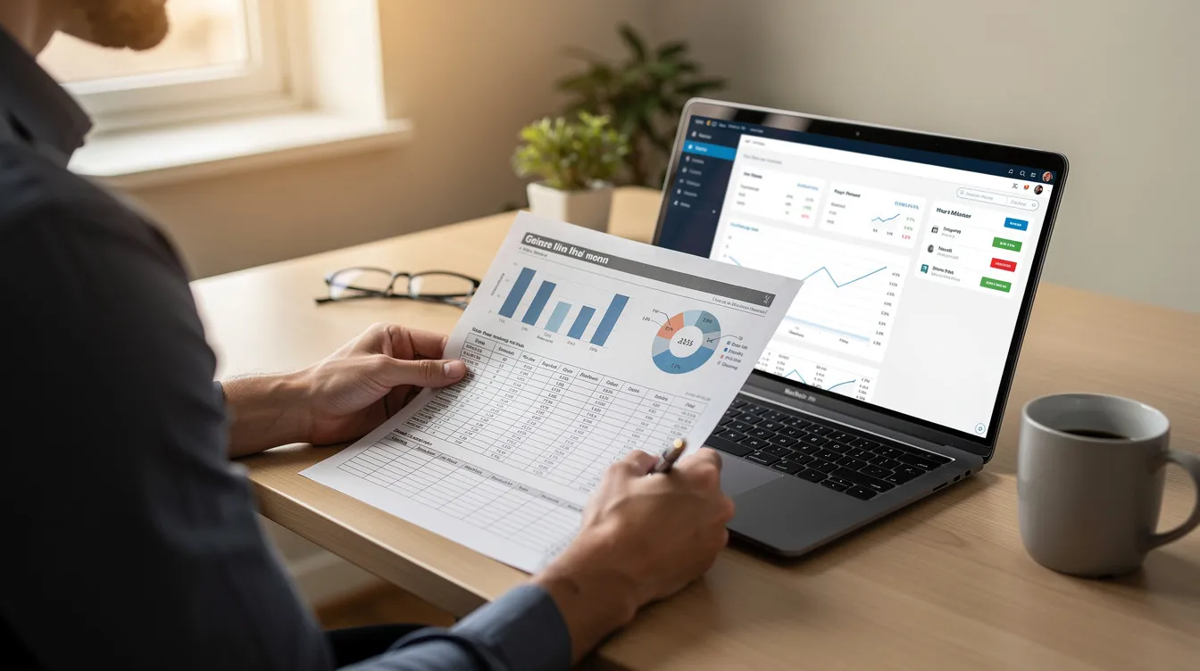 A person is seated at a home office desk, reviewing financial documents and working on a laptop, which suggests they are assessing their investment property options or planning for a home equity line of credit. The scene conveys a focus on financial management, possibly involving debt consolidation or preparing for mortgage payments.