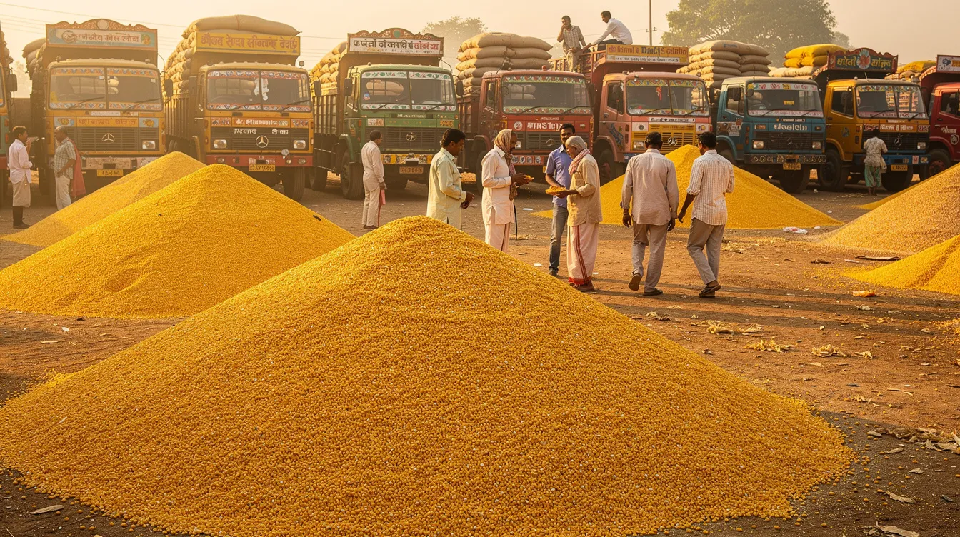 964b370f cec3 4d69 bdd2 526b12b80d55 The image shows large piles of yellow maize grain at an Indian agricultural market yard, with traders and trucks in the background, highlighting the significance of raw material availability for ethanol production in the Indian ethanol market. This scene reflects the growing demand for ethanol blended petrol and the role of agricultural feedstock in enhancing energy security and supporting the ethanol industry.