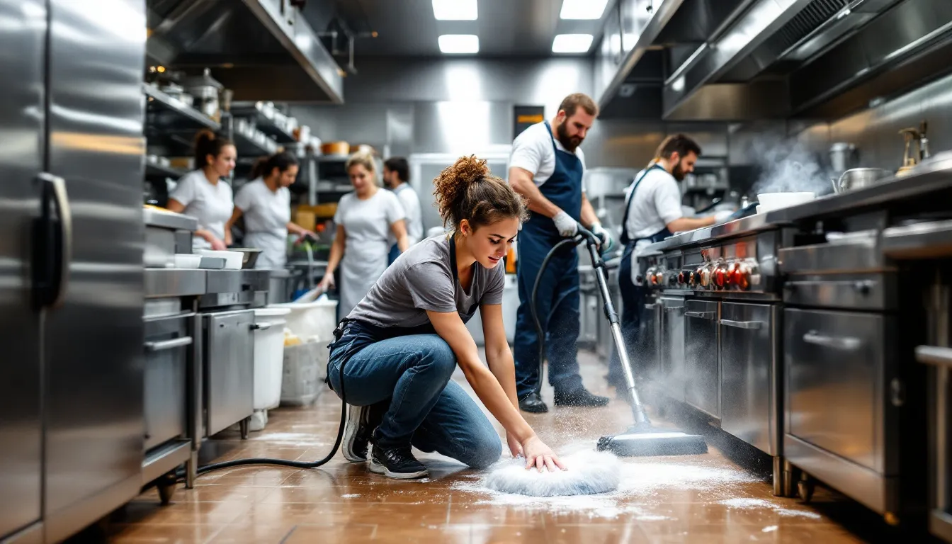 In the image, restaurant staff are diligently cleaning the kitchen, wearing personal protective equipment and using cleaning solutions to ensure compliance with health and safety protocols. The scene emphasizes the importance of maintaining cleanliness in food service establishments to prevent health code violations and ensure safe food preparation.