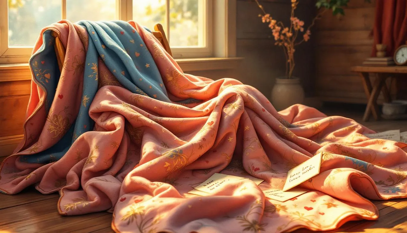 A cozy blanket with handwritten love letters, representing thoughtful personalized gifts.