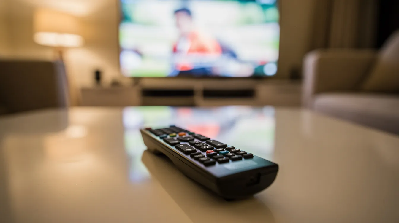 Gros plan sur une télécommande posée sur une table basse, avec un grand écran de télévision allumé en arrière-plan, diffusant un programme de sport. Cette image évoque l'expérience de divertissement à domicile, idéale pour les abonnés de services IPTV au Québec.