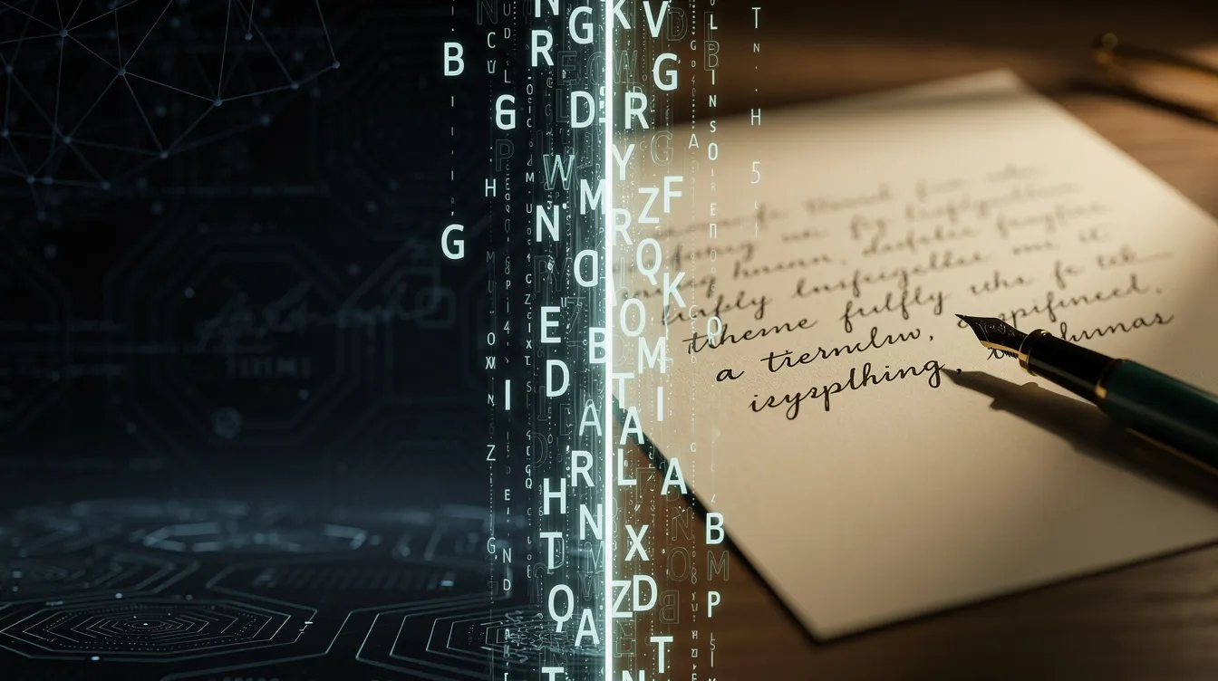 The image features a split-screen comparison of AI-generated text and human-written content, illustrating the differences in writing styles and emotional depth. On one side, there are snippets of AI writing tools showcasing their capabilities, while the other side displays natural language and human touch in professional documents and academic writing.