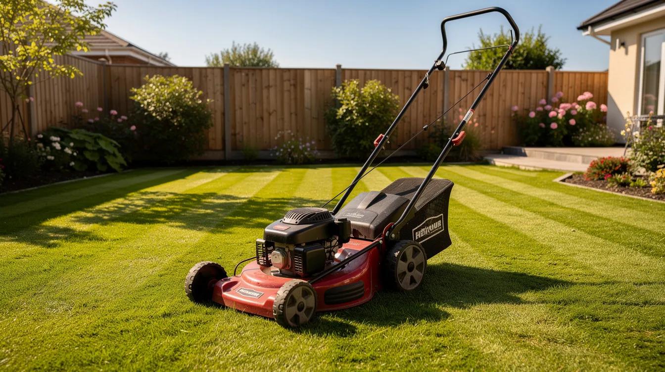 A push mower is resting on a striped green lawn in a sunny back garden, surrounded by healthy grass that showcases the results of regular mowing and lawn care. The vibrant grass suggests proper treatment and care, creating a lush and inviting outdoor space.