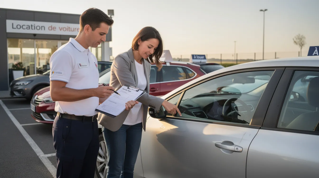 Un agent de location effectue un état des lieux d'un véhicule avec un client, vérifiant l'état de la voiture de location pour s'assurer qu'il n'y a pas de dégradations ou de problèmes avant la restitution. Ils discutent des conditions du contrat de location et des responsabilités en cas de panne ou d'accident.