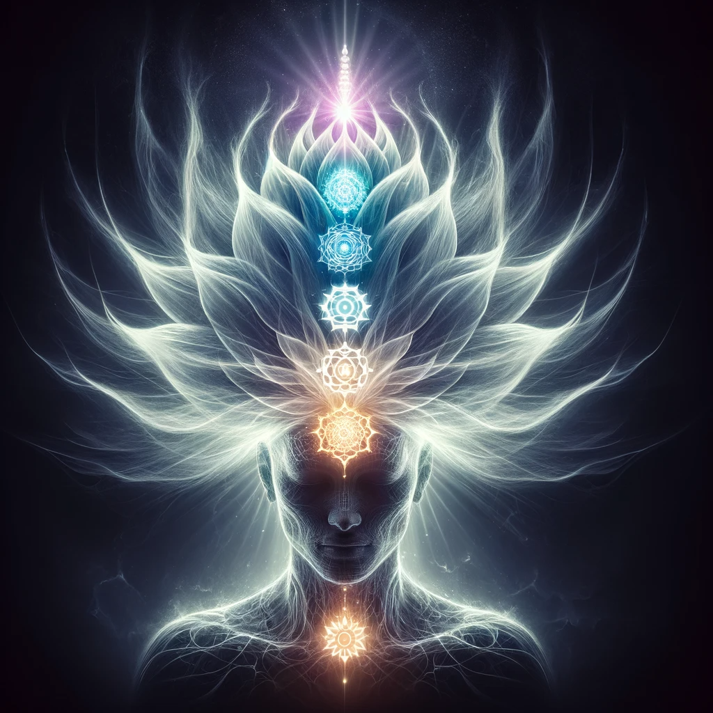 "Experience spiritual ascension with this illuminating illustration of the Crown Chakra (Sahasrara Chakra). A radiant beacon at the top symbolizes pure consciousness and the connection to the divine, with a cascade of light descending through the chakra system, representing enlightenment and the ultimate state of being."
