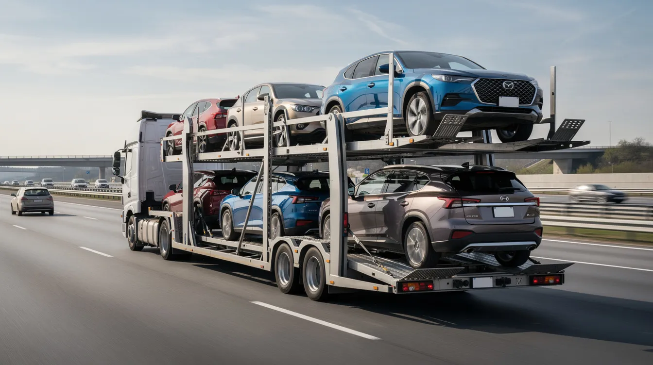 An open car carrier trailer with two levels is loaded with various sedans and SUVs, traveling along a highway. This image showcases the auto transport process, highlighting the efficient vehicle transport services available for shipping cars across Arizona and beyond.