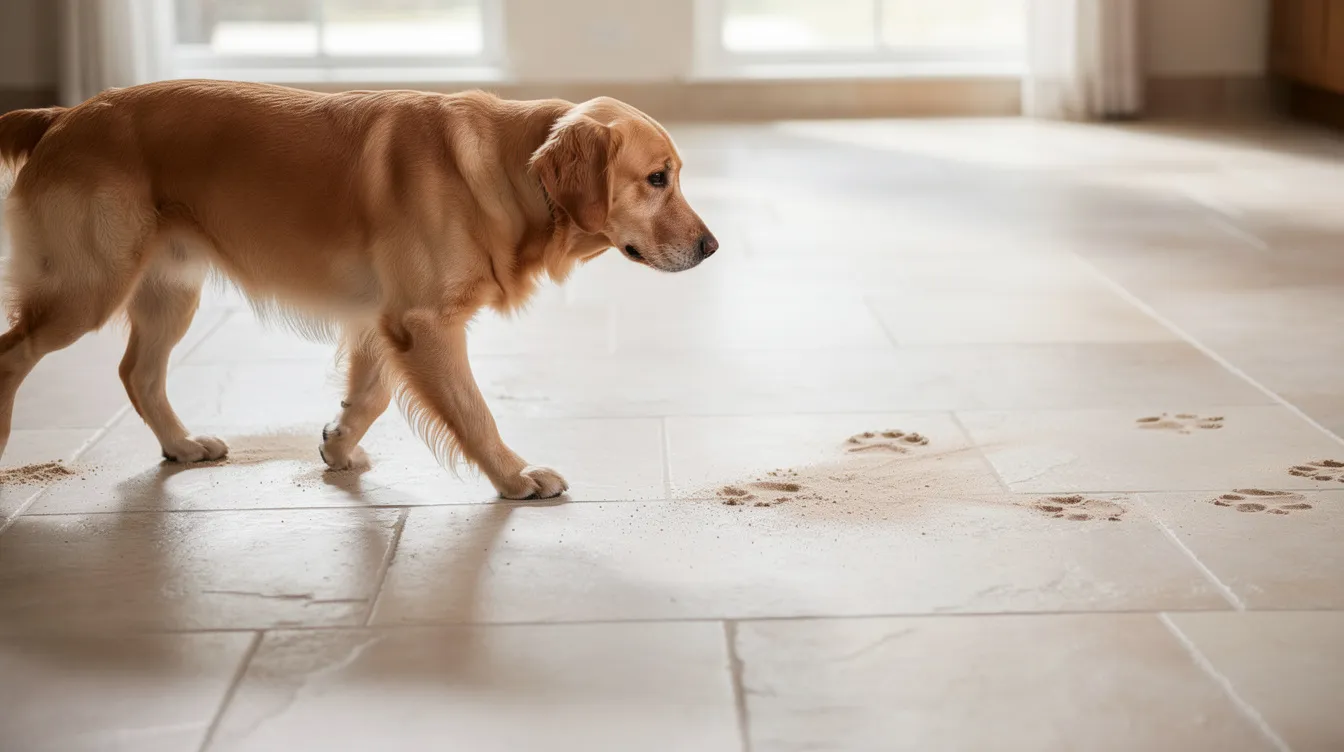 A golden retriever is seen walking across a light-colored tile floor, leaving visible paw prints and dust on the surface, highlighting the need for regular cleaning to maintain the grout lines and prevent staining. The scene captures the interaction of a pet with tile surfaces, reminding homeowners of the importance of a grout cleaning service to keep their floors in good condition.