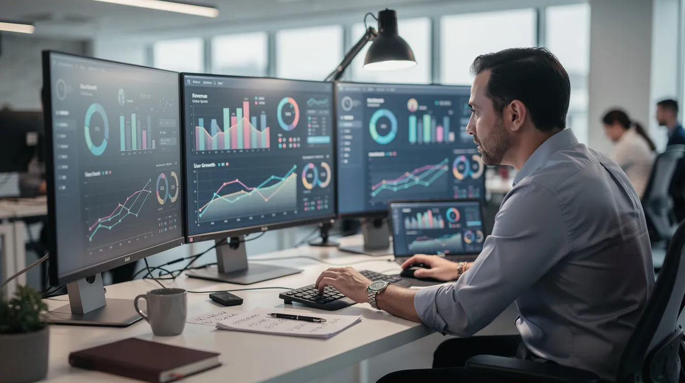 A professional is intently reviewing analytics on multiple monitors in a focused work environment, likely analyzing performance metrics to drive customer success and enhance customer satisfaction. The setup suggests a commitment to effective customer education programs and improving customer engagement through data-driven insights.
