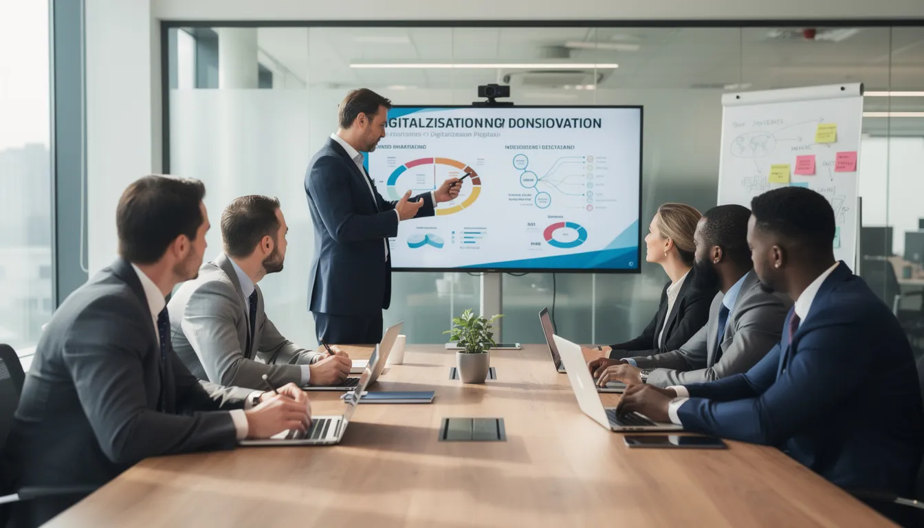 Un grupo de profesionales se encuentra en una sala de reuniones, discutiendo estrategias de transformación digital para mejorar la productividad de sus organizaciones mediante el uso de herramientas de inteligencia artificial. Los participantes intercambian ideas sobre la automatización de tareas y la toma de decisiones basada en datos para enfrentar los retos del mercado actual.