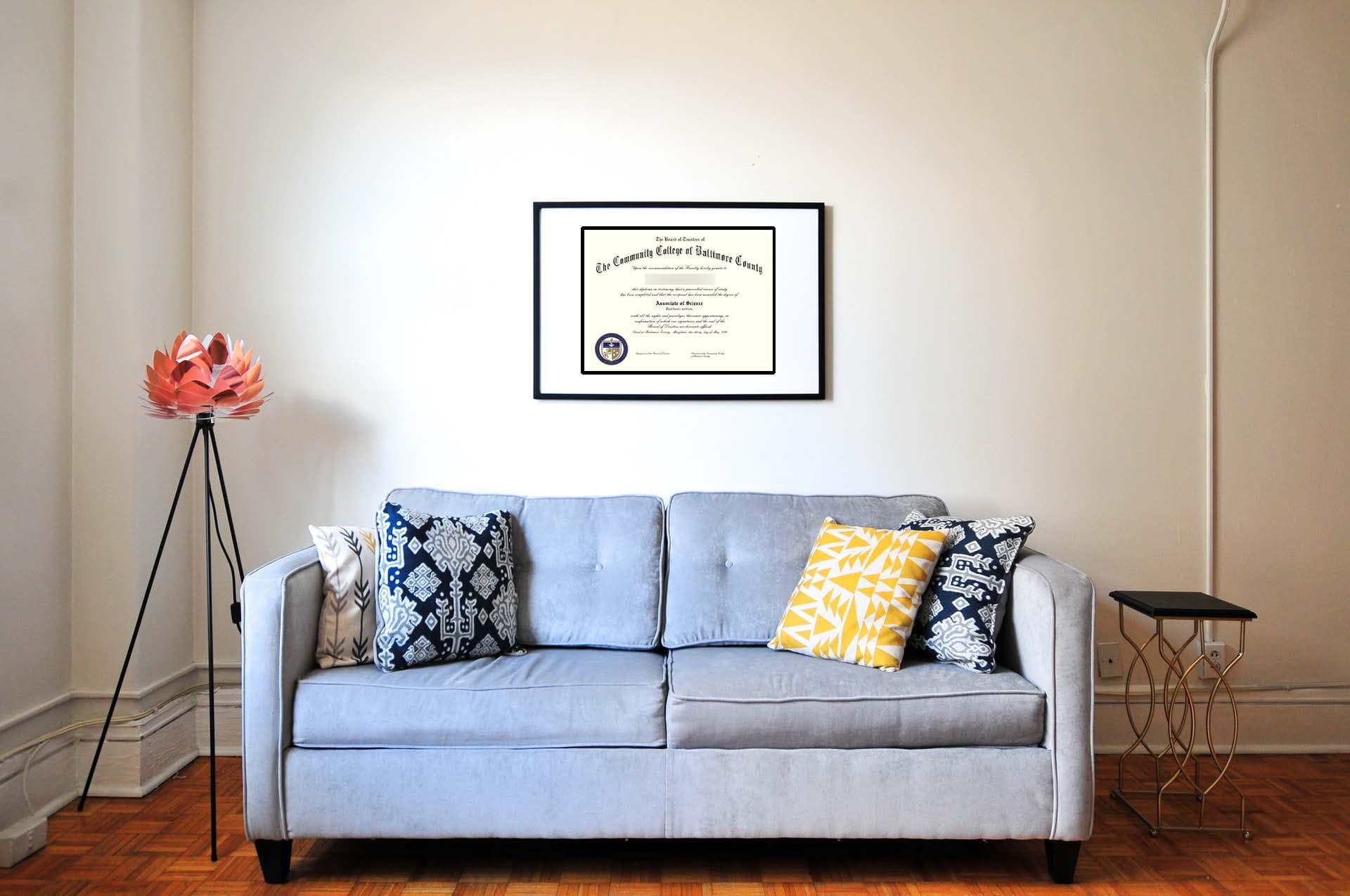A professionally framed diploma hangs on an office wall, illuminated by warm lighting, featuring an embossed logo and degree title, representing academic achievement and professional growth. This realistic diploma, designed for display purposes, symbolizes the importance of educational credentials in a corporate environment.